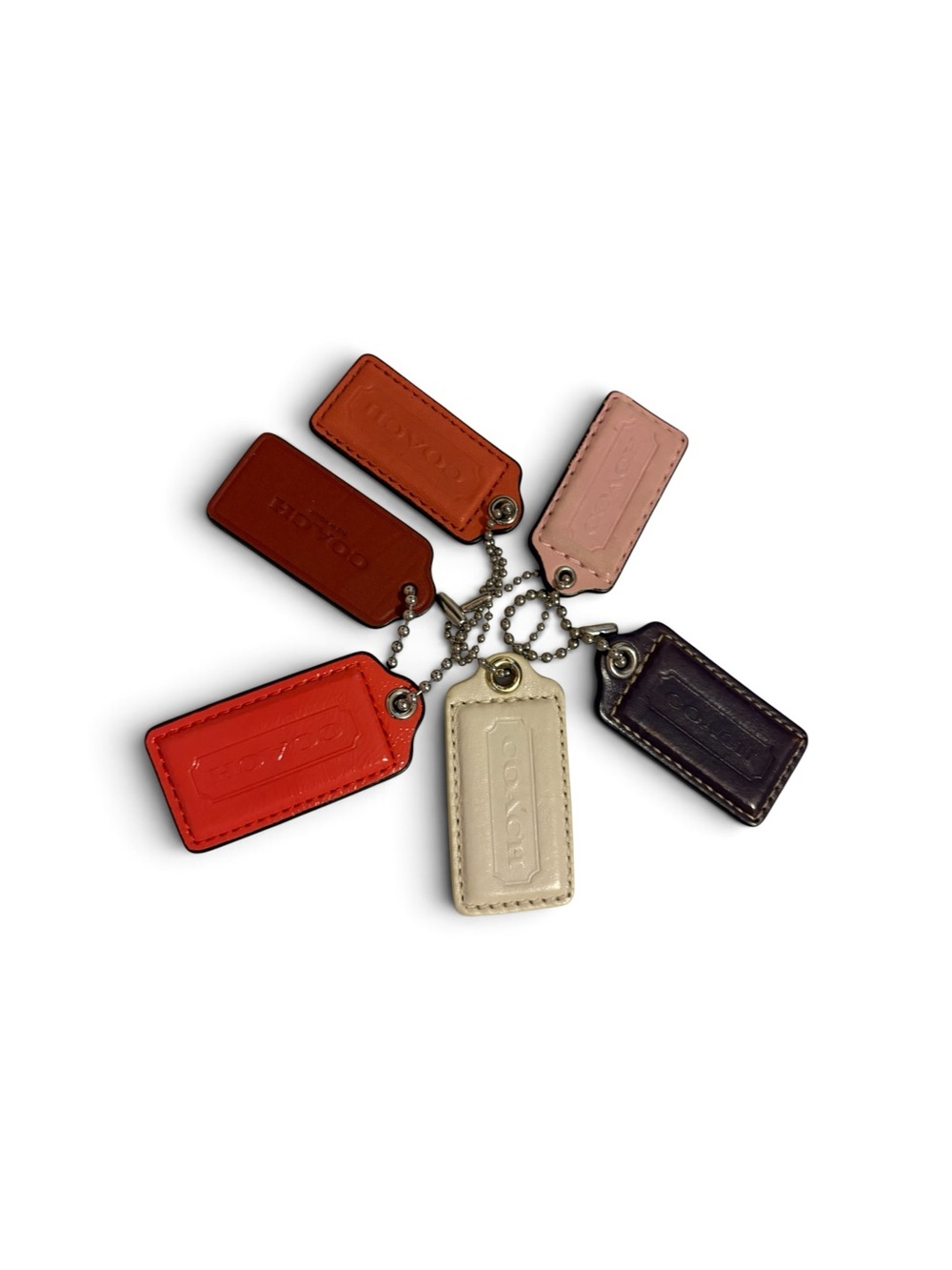 Coach Leather Tag Keychains in Red, Orange, Brown, Pink, Cream & purple
